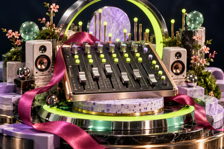 An analogue mixing console with silver faders, lime lights and a magenta ribbon.