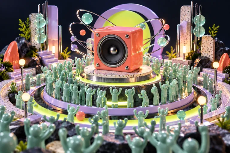 A sculptural mint crowd surrounds a coral speaker in concentric circles.